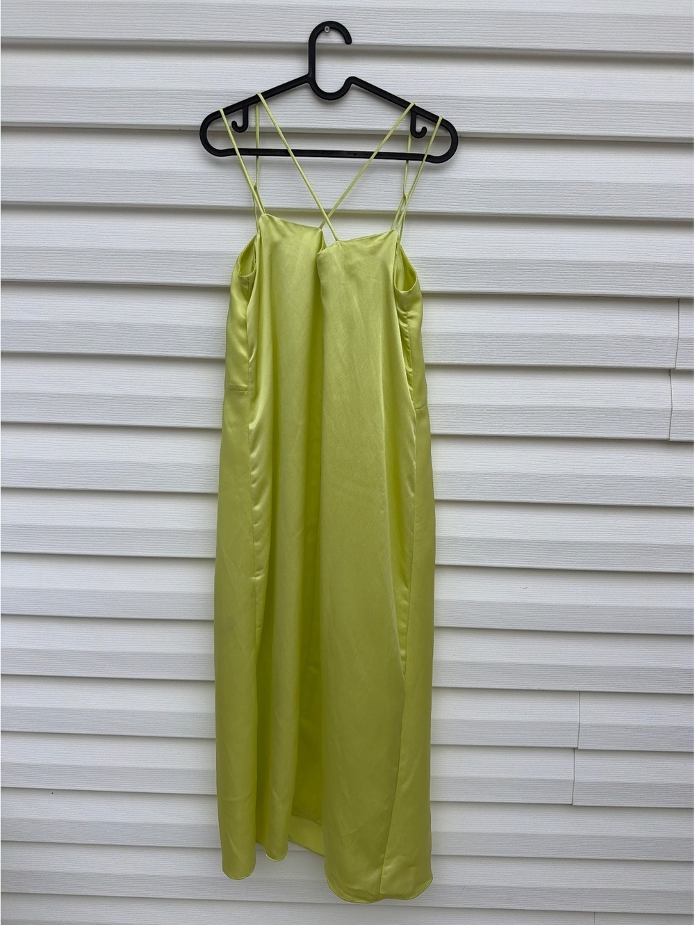 Zara Women's Size S Lime Green Satin Strappy Slip Maxi Dress Side Slit - Picture 2 of 7